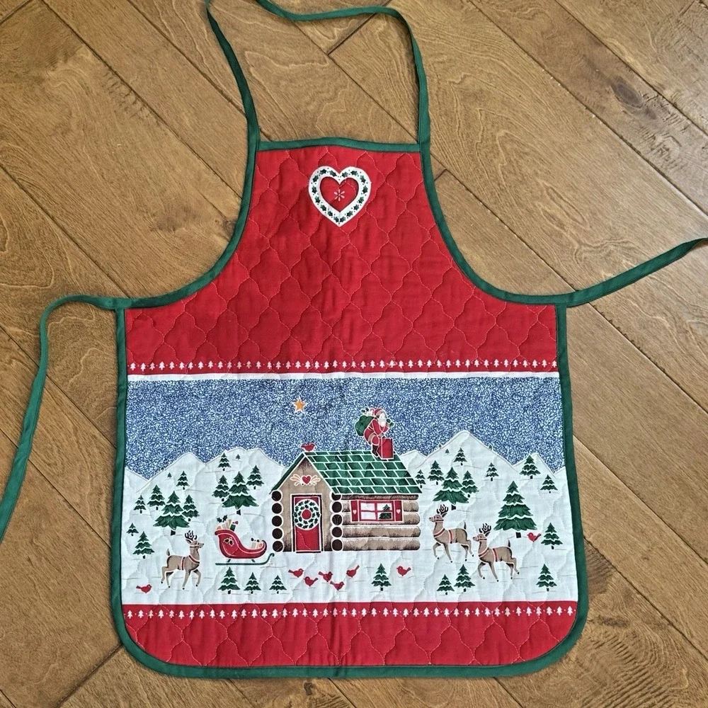 Vintage Handmade Quilted Christmas Village Apron Santa Cottagecore Reversible‎